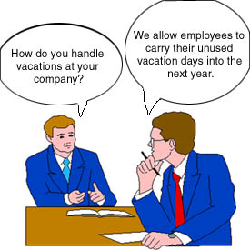 Drawing: Salesman asks client how their firm handles vacations.