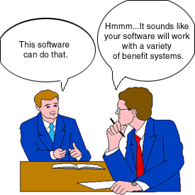 Drawing: Salesman asserts software overcomes new objections raised by client.